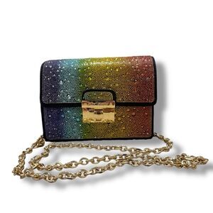 Betsey Johnson Rainbow Rhinestone Mini Crossbody Bag Turn-Lock Gold Chain